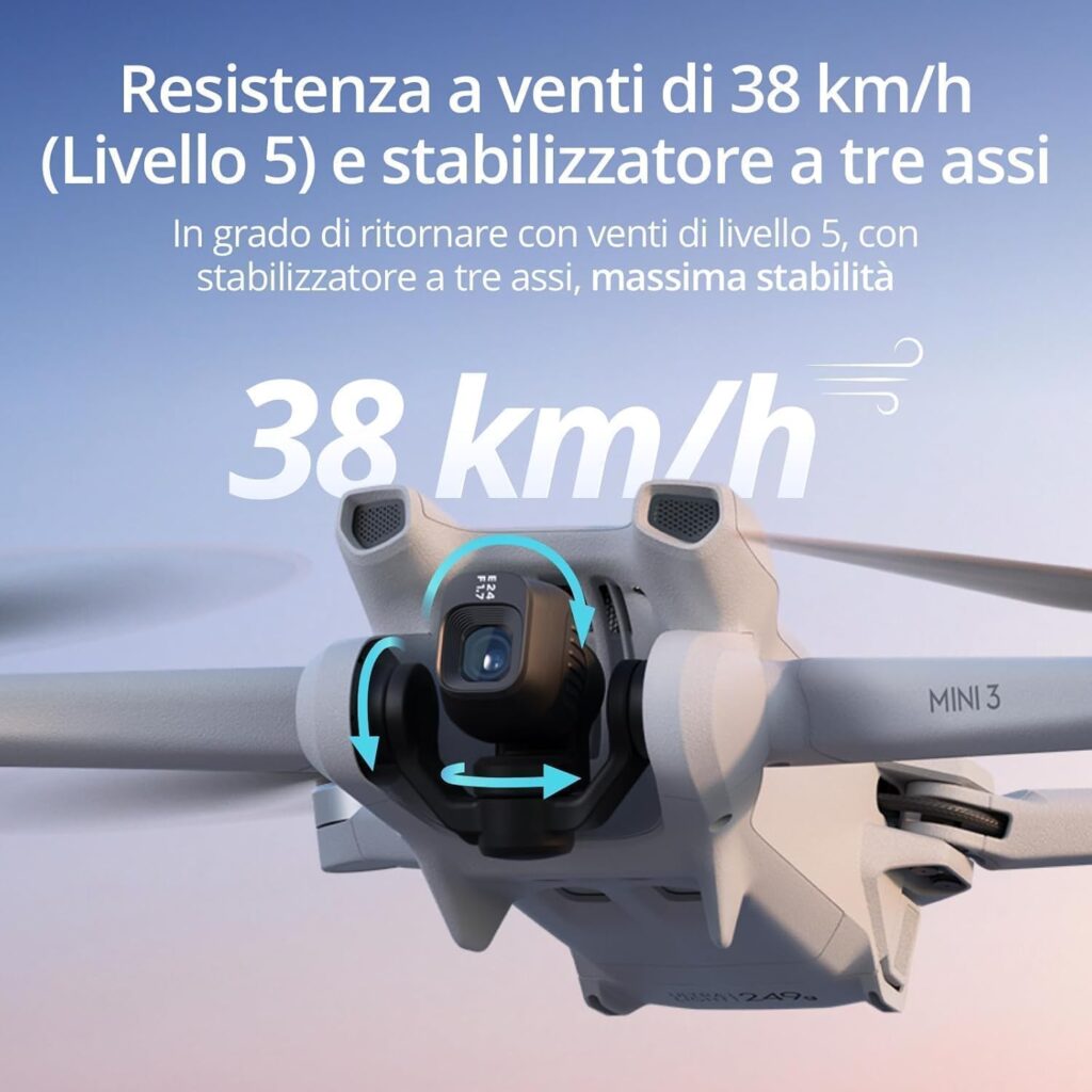 DJI Mini 3 in volo con stabilizzazione a 3 assi e riprese aeree 4K ad alta qualità