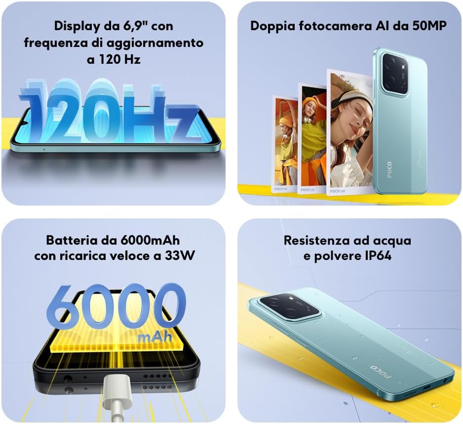 Smartphone Xiaomi POCO C85 con schermo 6.9 pollici 120Hz, memoria 256GB e batteria lunga durata 6000mAh