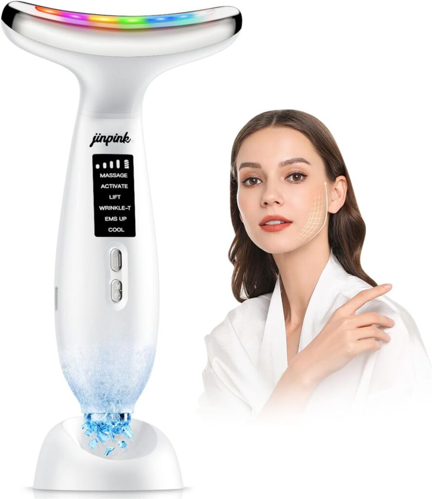 Massaggiatore viso elettrico antirughe EMS con luce LED, funzione caldo e freddo, ideale per lifting viso e collo