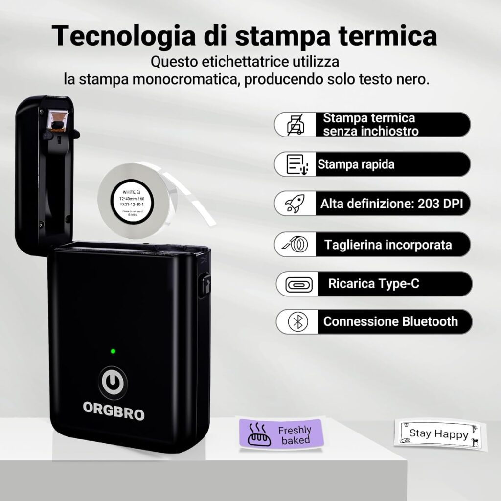 Mini stampante per etichette ORGBRO X1 Bluetooth portatile con tecnologia di stampa termica senza inchiostro per casa e ufficio