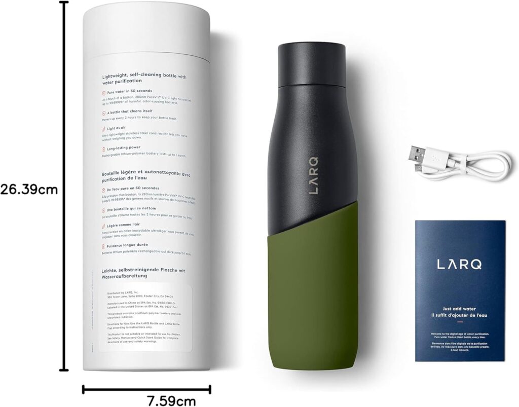 borraccia LARQ Movement PureVis 710ml con sistema UV-C per purificare l’acqua e mantenere la bottiglia sempre pulita.