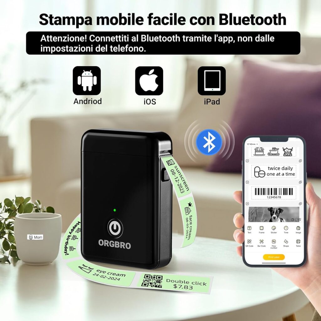ORGBRO X1 etichettatrice portatile Bluetooth stampante termica per etichette adesive senza inchiostro