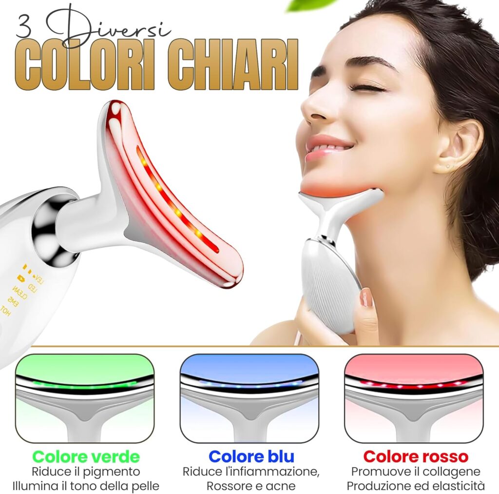 massaggiatore viso antirughe EMS kepsa lifting facciale microcorrente luce LED rosso blu verde calore 45 gradi trattamento pelle viso e collo