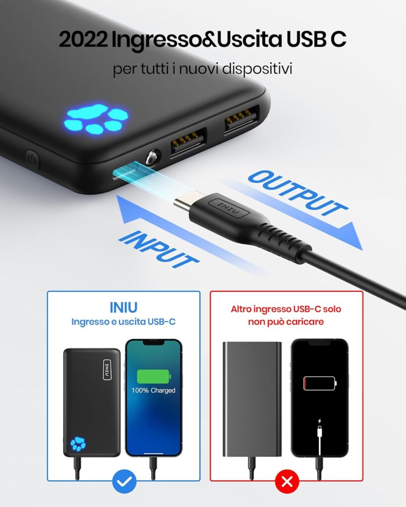 INIU Power Bank 10000mAh caricatore portatile ultra sottile con ricarica rapida USB-C per smartphone