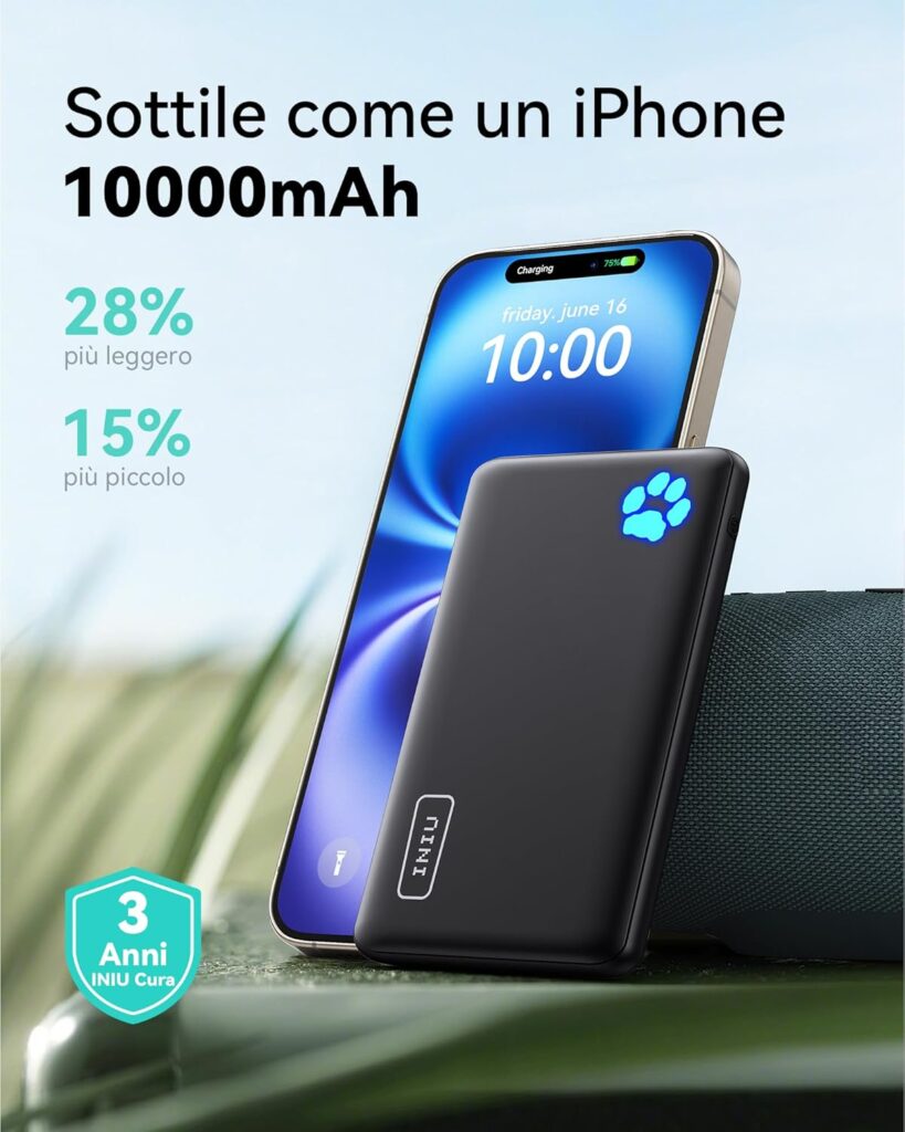 INIU Power Bank 10000mAh power bank compatto e leggero INIU Power Bank 10000mAh caricatore portatile ultra sottile con ricarica rapida USB-C per smartphone