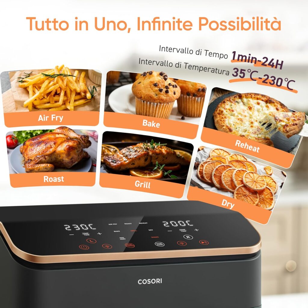 COSORI friggitrice ad aria doppio cestello grande capacità 8,5L friggitrice aria COSORI doppio cestello 8,5 litri con tecnologia Dual Zone per cucinare due piatti contemporaneamente