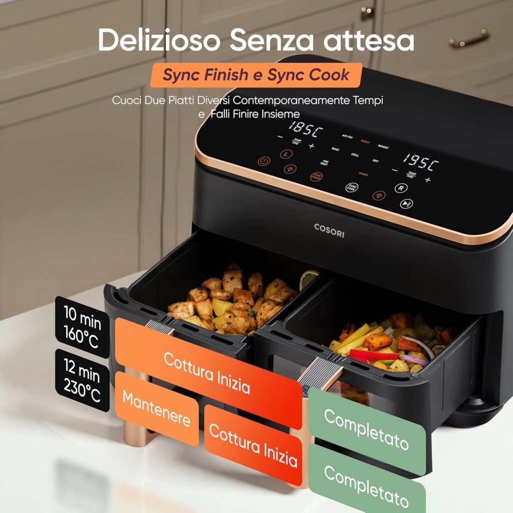 COSORI friggitrice ad aria 8,5 litri doppio cestello con finestra trasparente e display digitale per cottura senza olio