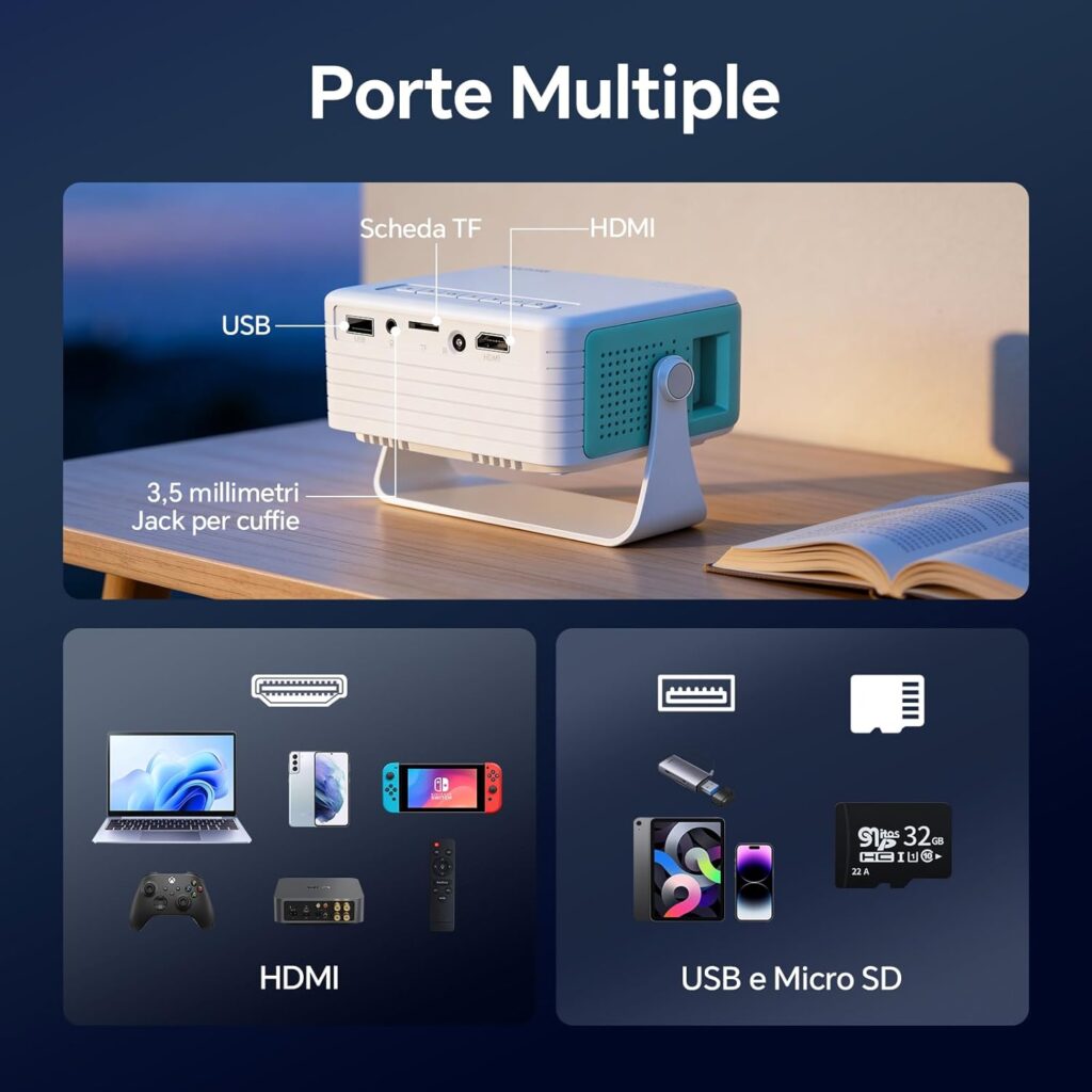 Home cinema portatile WOLFANG con immagine luminosa e design compatto