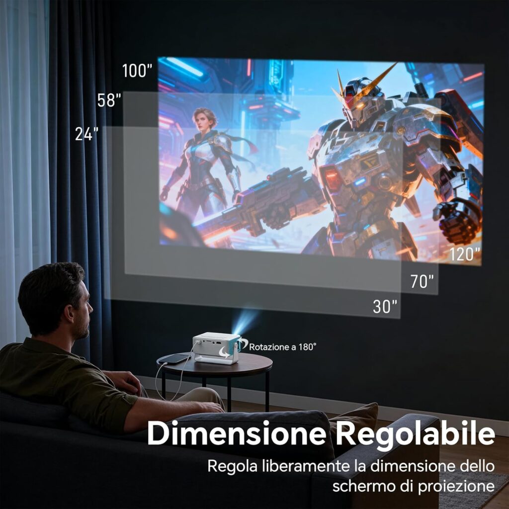 Mini proiettore WOLFANG utilizzato per guardare film comodamente dal letto